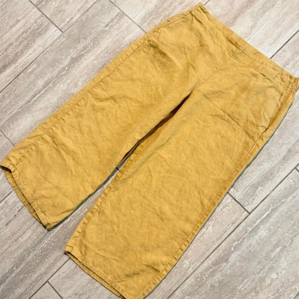 J Jill Mustard Yellow Love Linen Wide Leg Cropped Pants L Coastal Lagenlook Boho